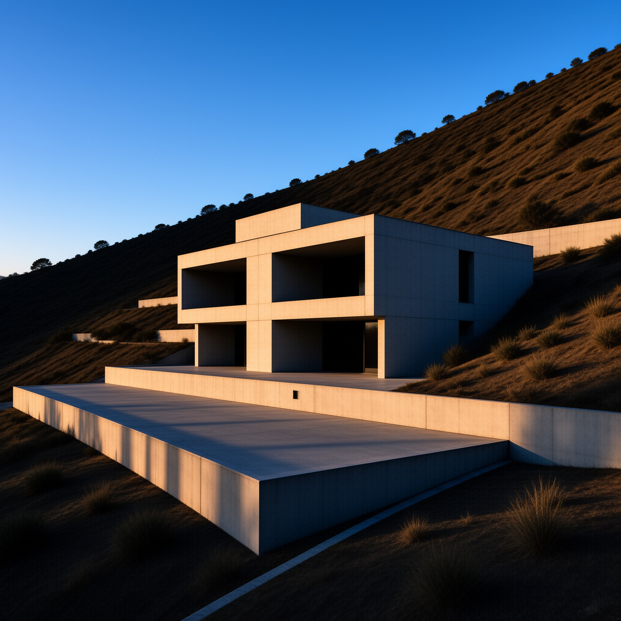 A massive concrete building rests on a grassy slope bathed in warm golden light against a deep blue sky.