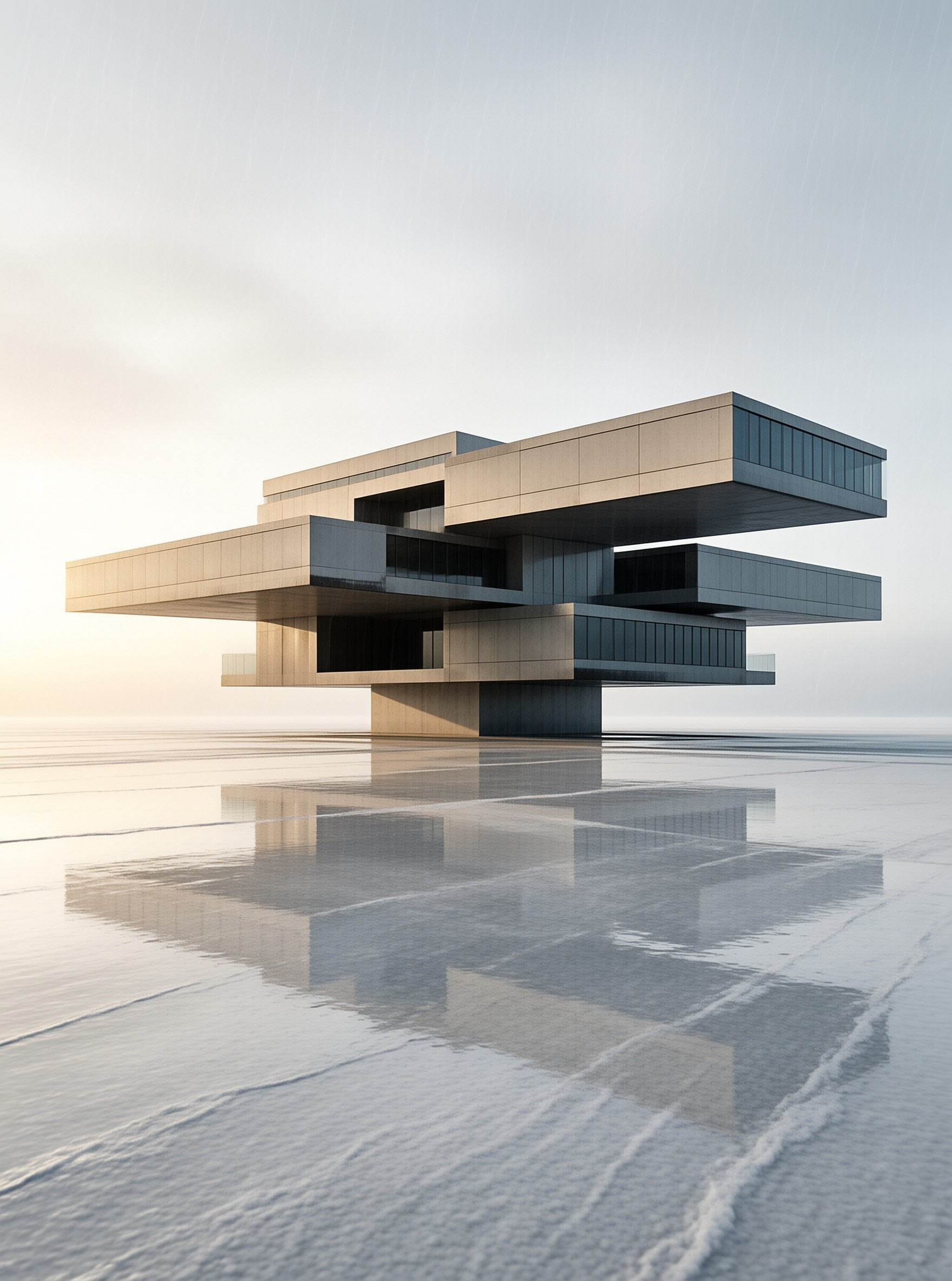 A stacked concrete structure rests above a wet salt flat under a pale gradient sky.