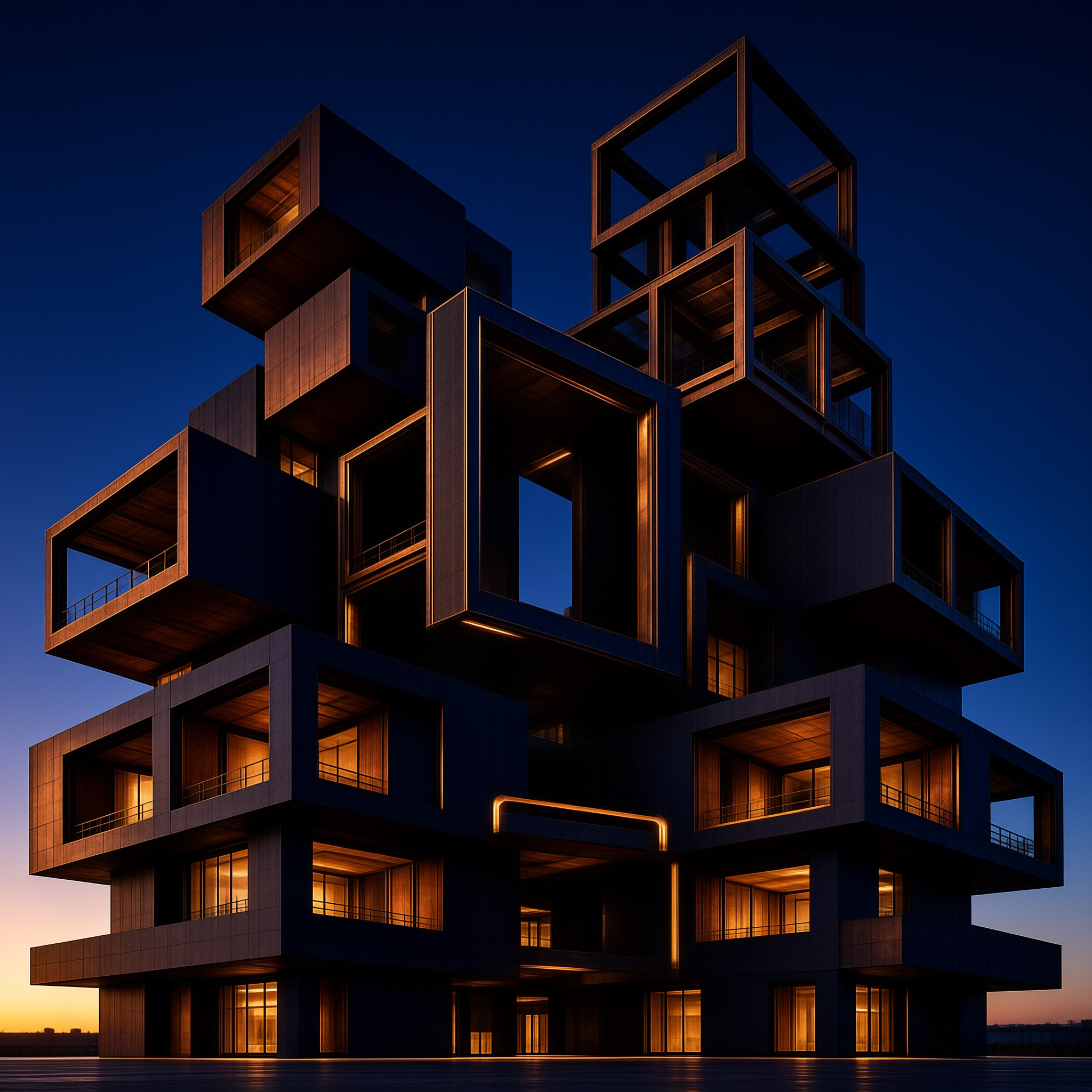 An architectural structure made of stacked boxes shines with warm light against the dark evening sky.