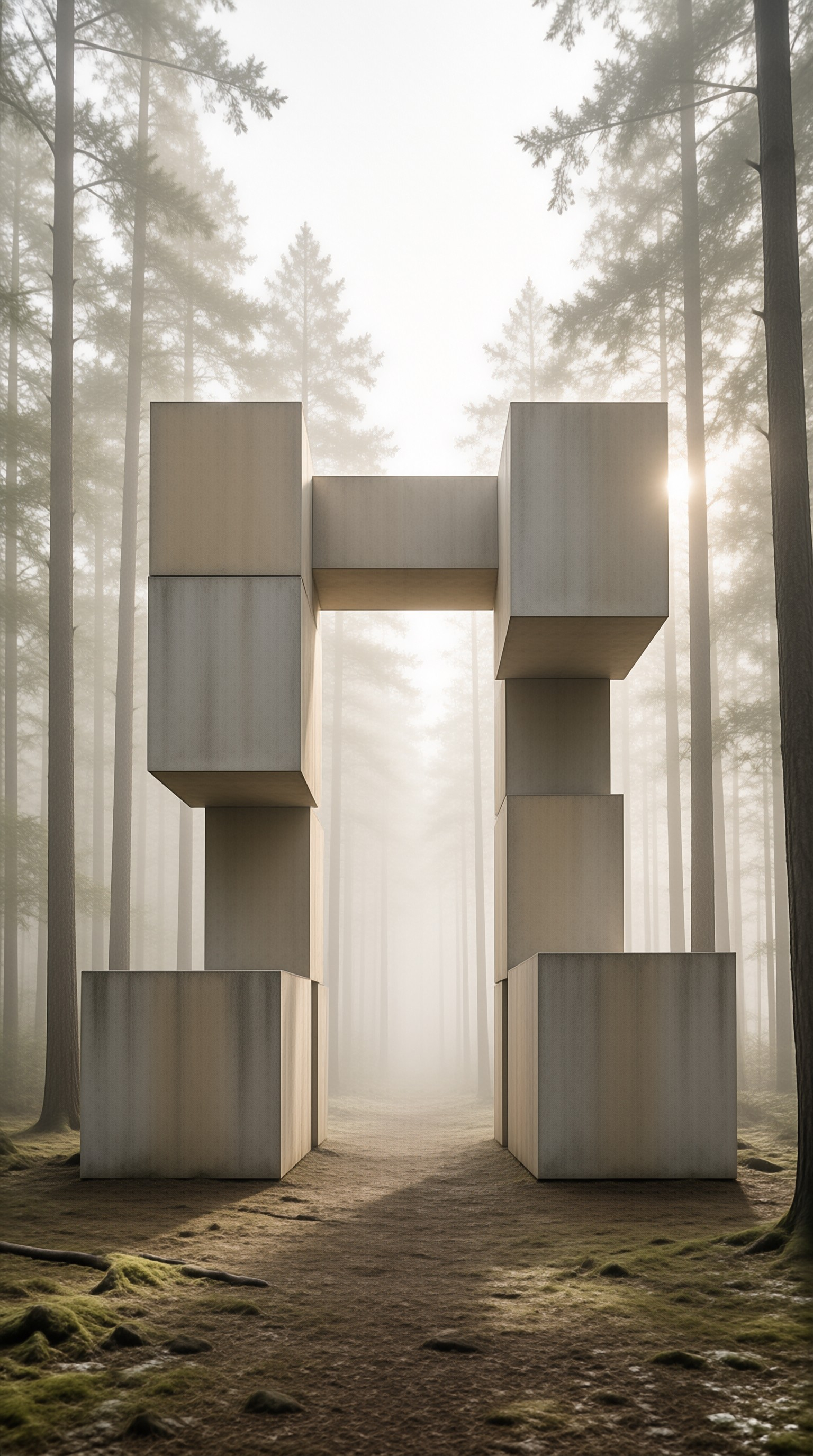 Massive geometric concrete blocks form a gate within a foggy pine forest illuminated by soft sunlight.