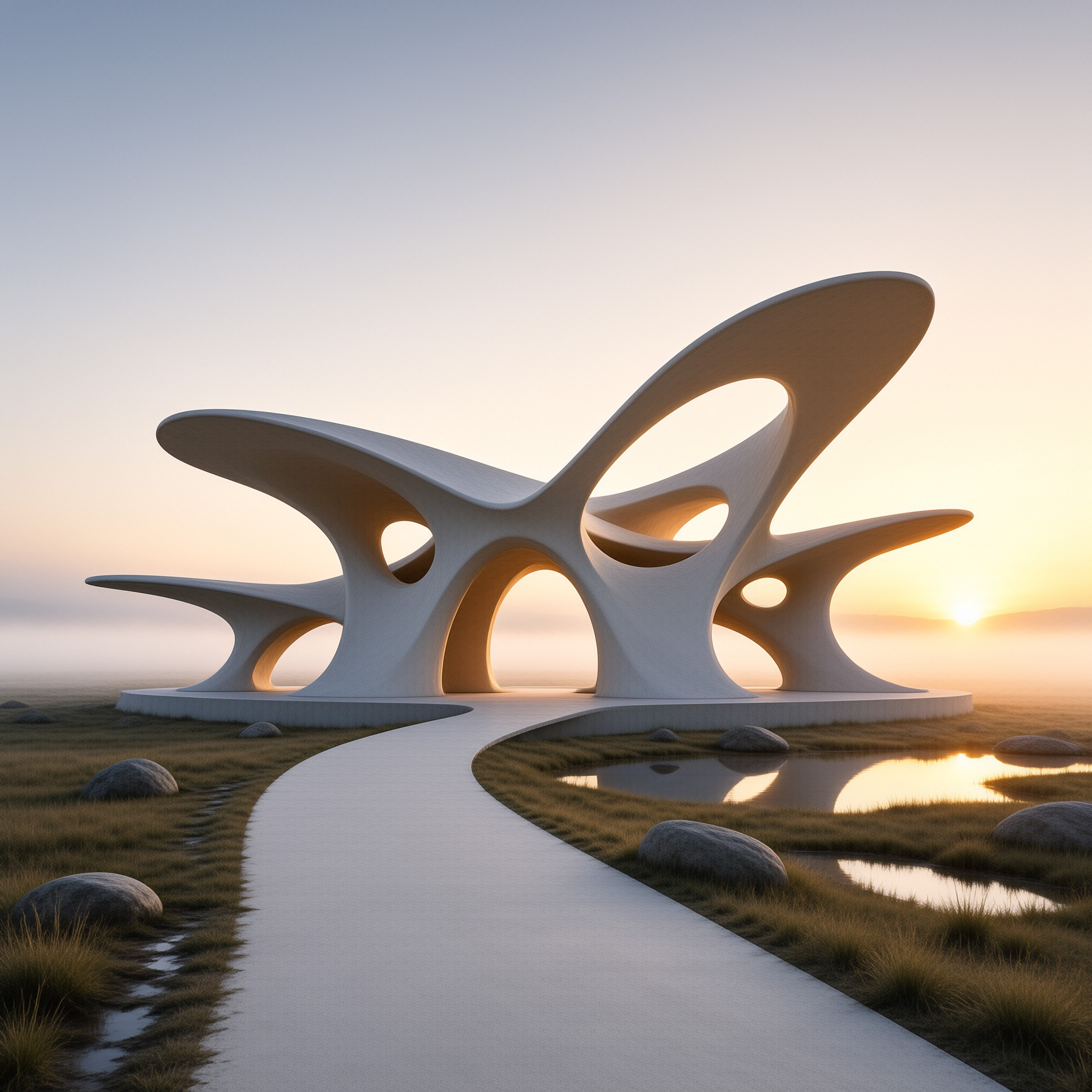 A smooth white organic building with curved openings stands in a misty grassy plain as the sun sets on the distant horizon