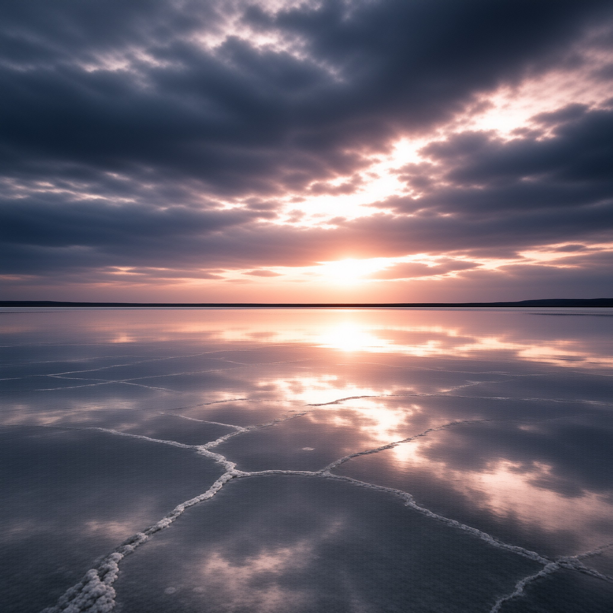 A vast frozen surface features white cracks while mirroring the pink and purple hues of a cloudy evening sky.