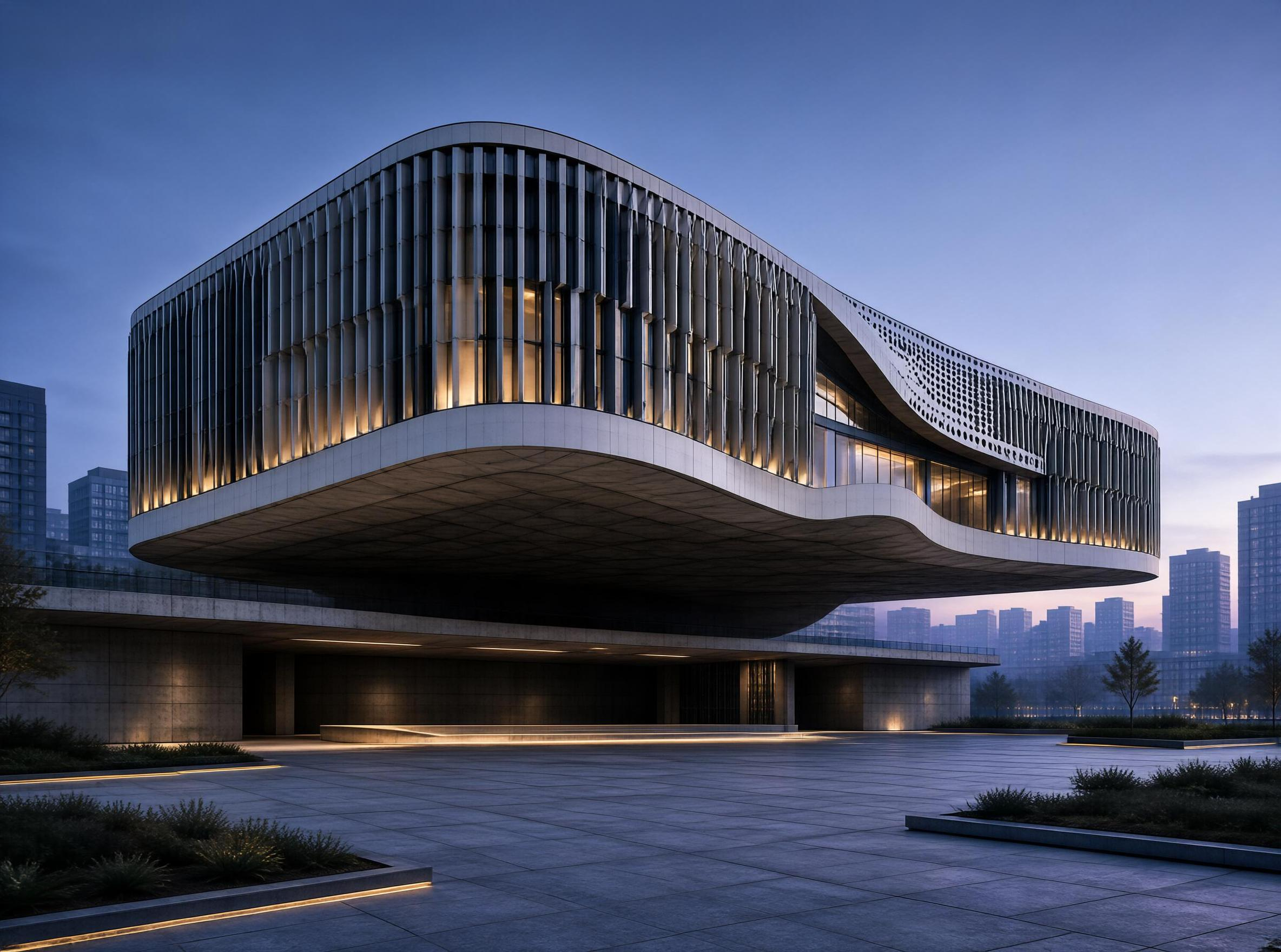 Futuristic Curved Cultural Building at Dusk