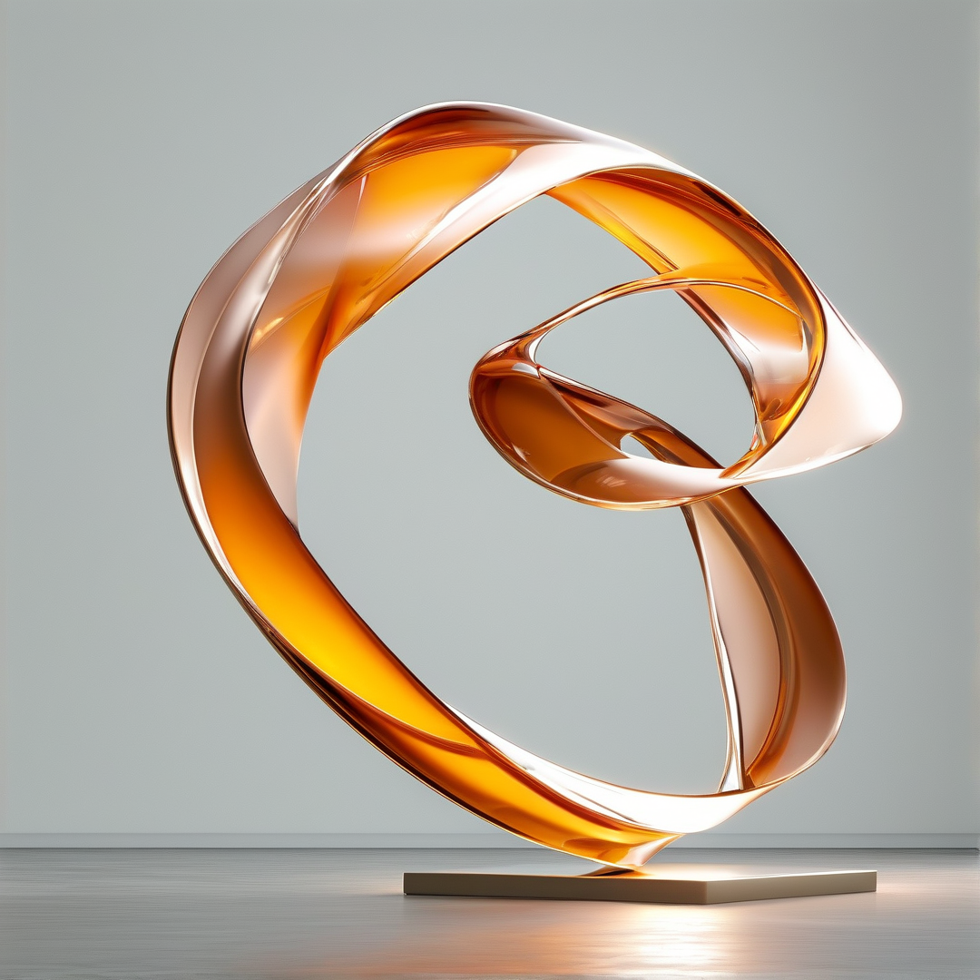 Glossy amber sculpture twisting on a base inside a bright gallery room with soft shadows on the floor.