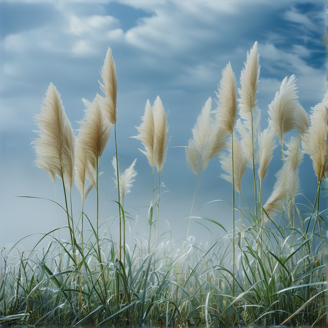 Feathery Reeds Against Clouds