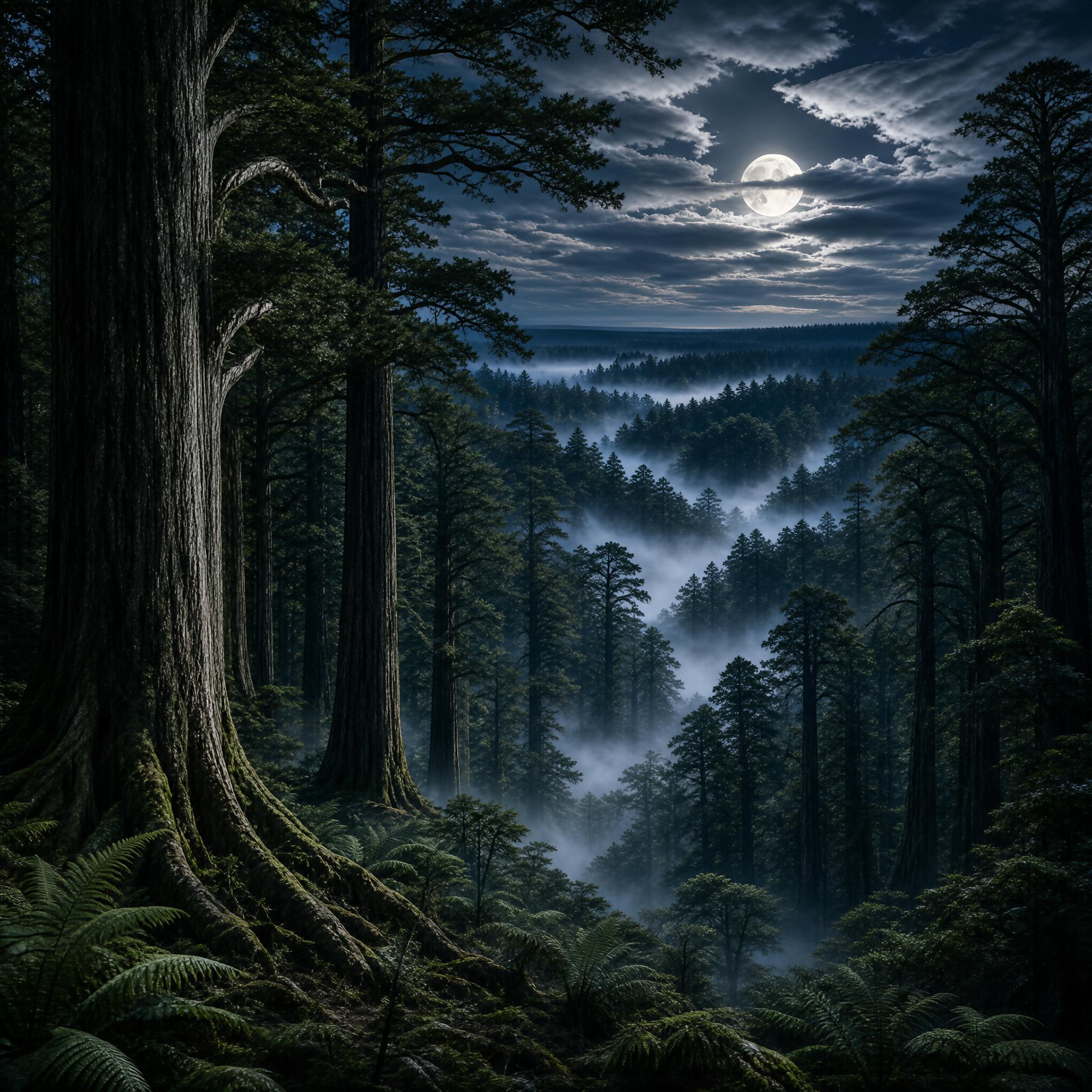 Moonlit Misty Redwood Forest