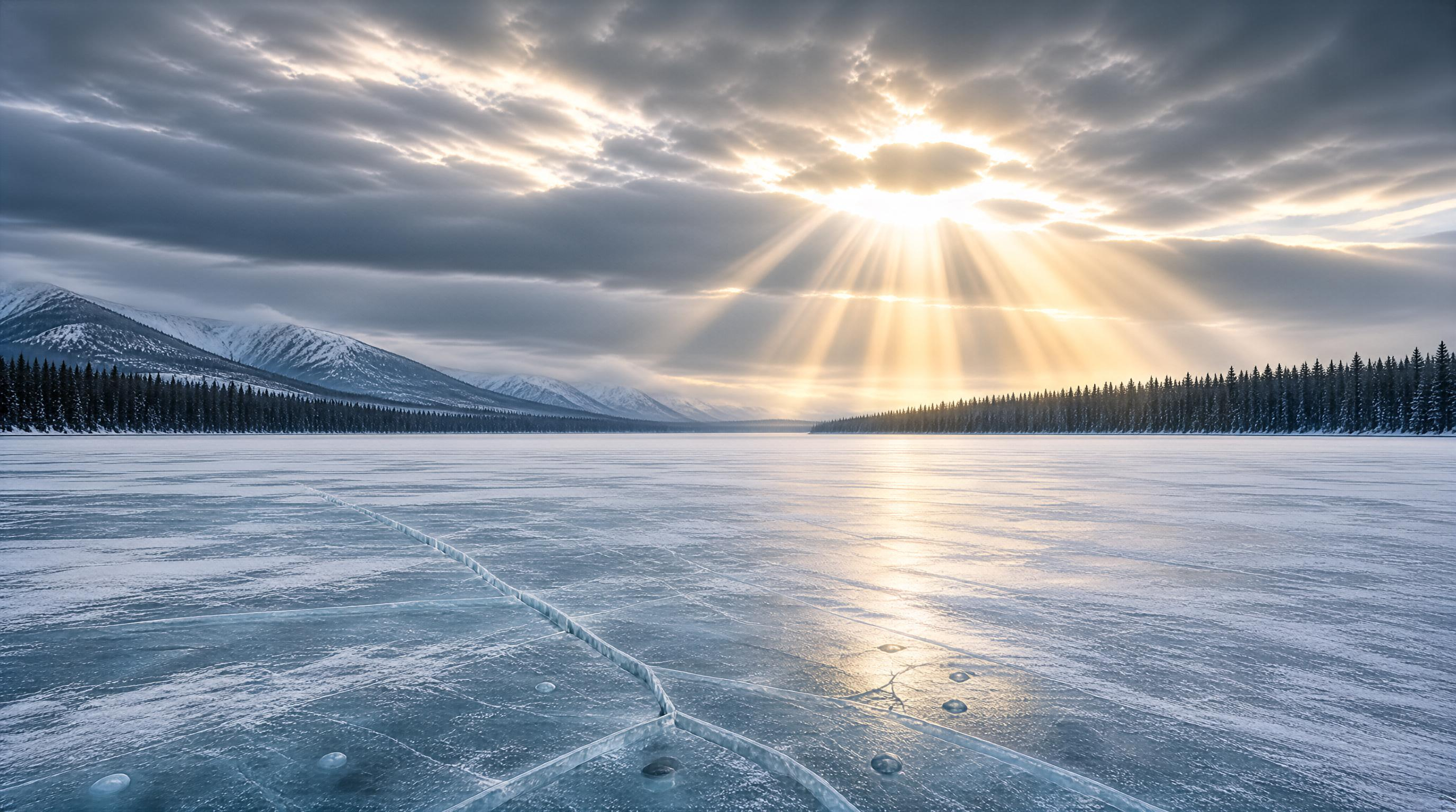 Sunbeams Over Frozen Lake