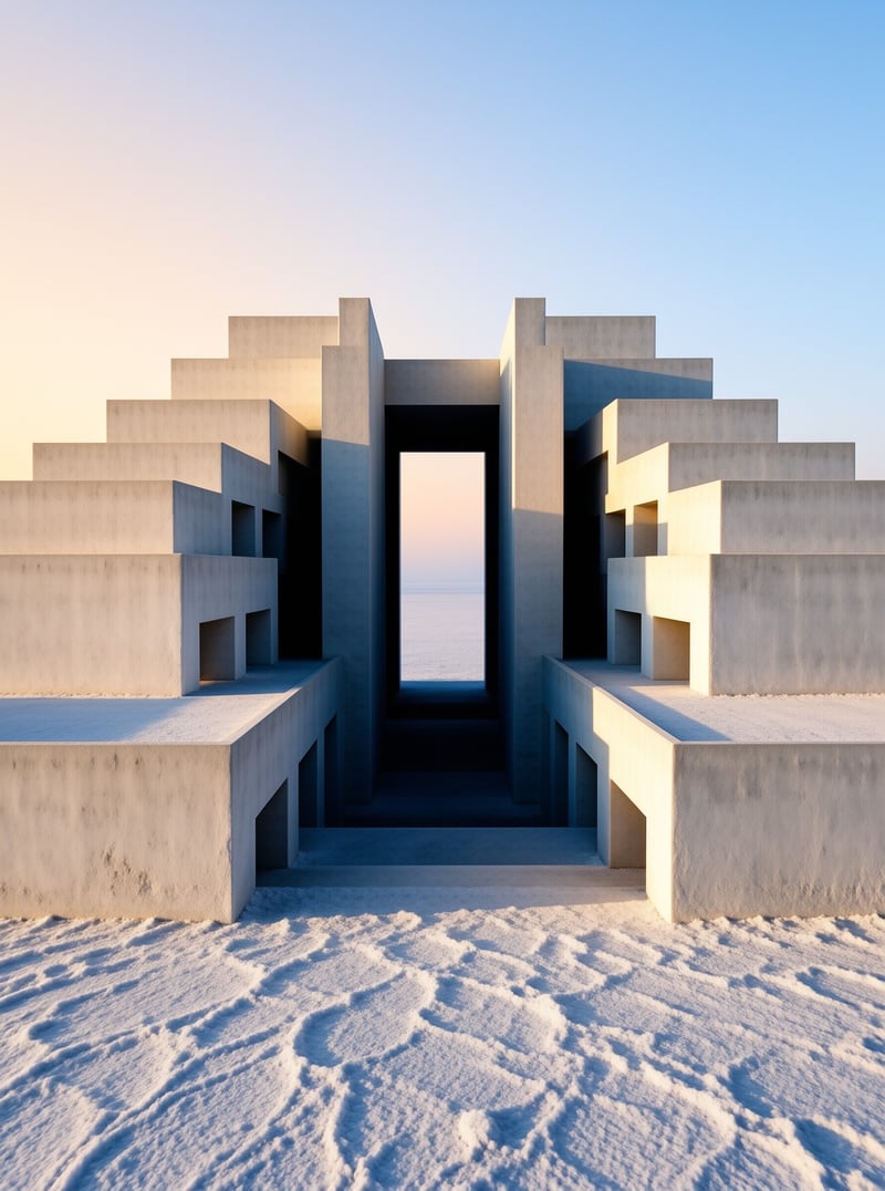 Symmetrical concrete stairs ascend a brutalist structure standing alone in a vast white snow field under a pale sky.