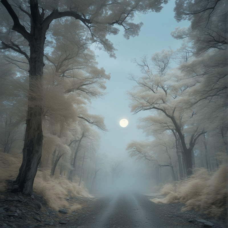 A winding forest path shrouded in mist with a bright moon illuminating the tall trees and golden underbrush