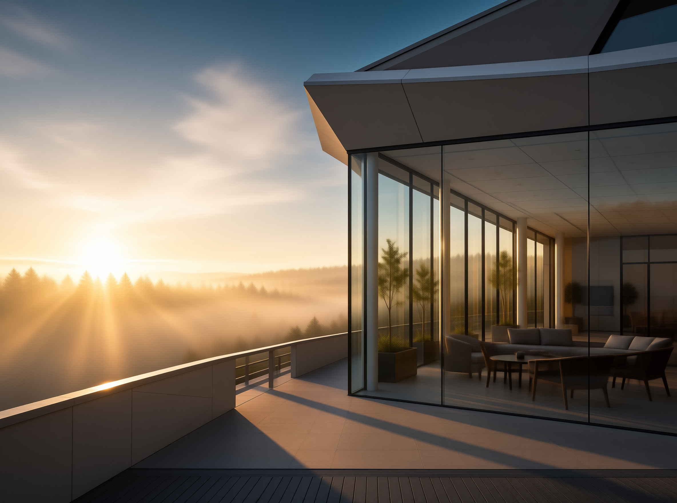 Modern Glass House at Sunrise
