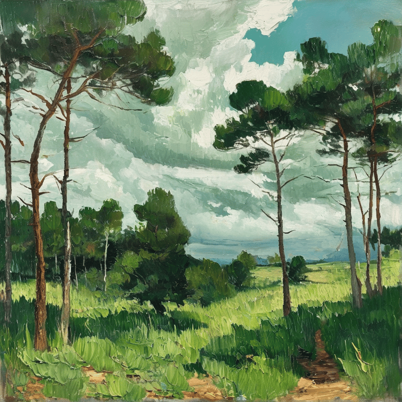A landscape painting shows tall pine trees surrounding a sunlit grassy path under a partly cloudy sky with visible brushstrokes.