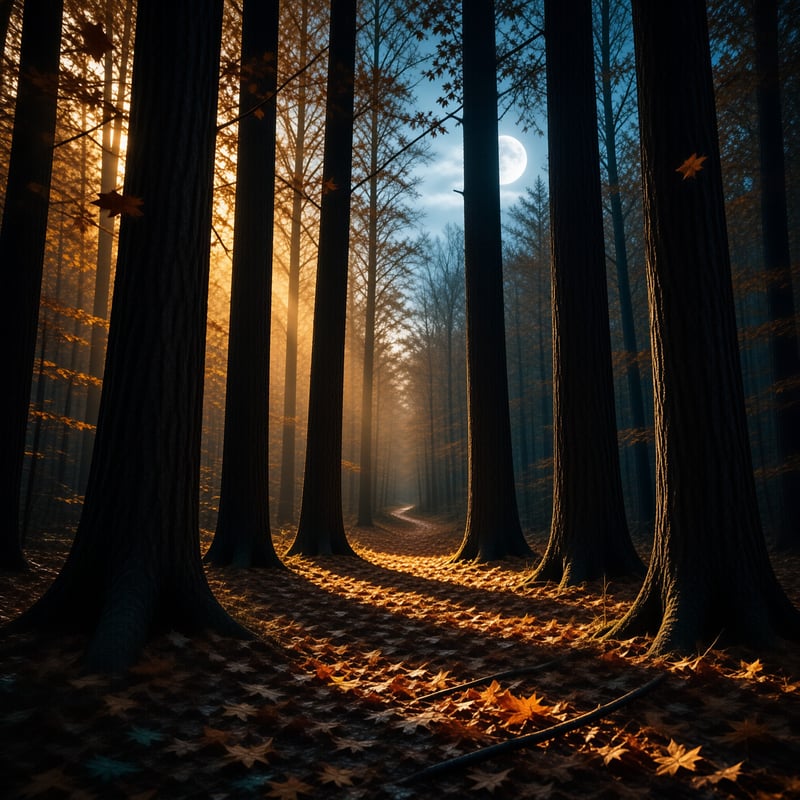 Tall trees frame a winding path covered in leaves while golden sunlight mixes with the blue sky and a bright moon.