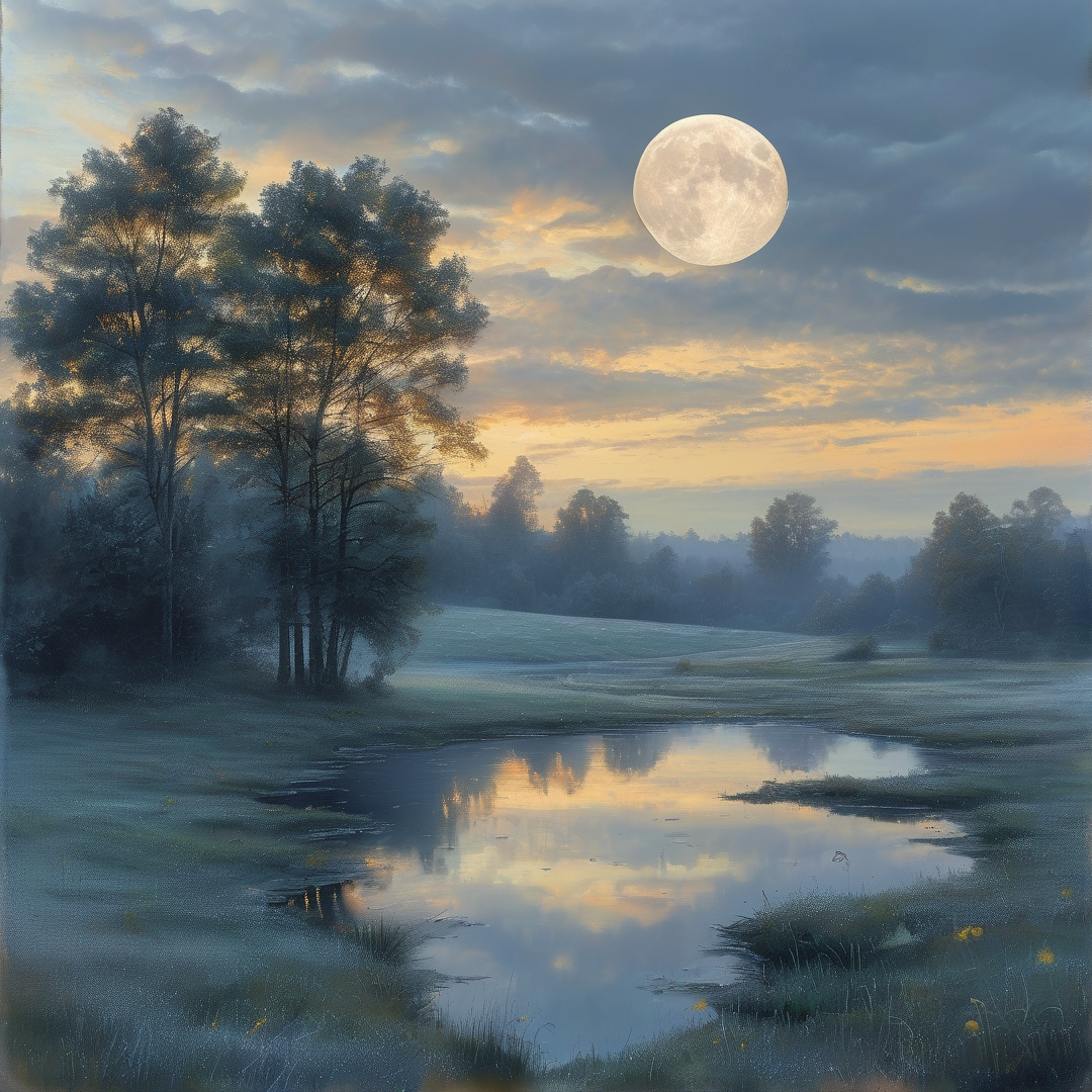 A bright full moon hangs between dusk clouds above a quiet meadow, its glow mirrored in a still forest pond.