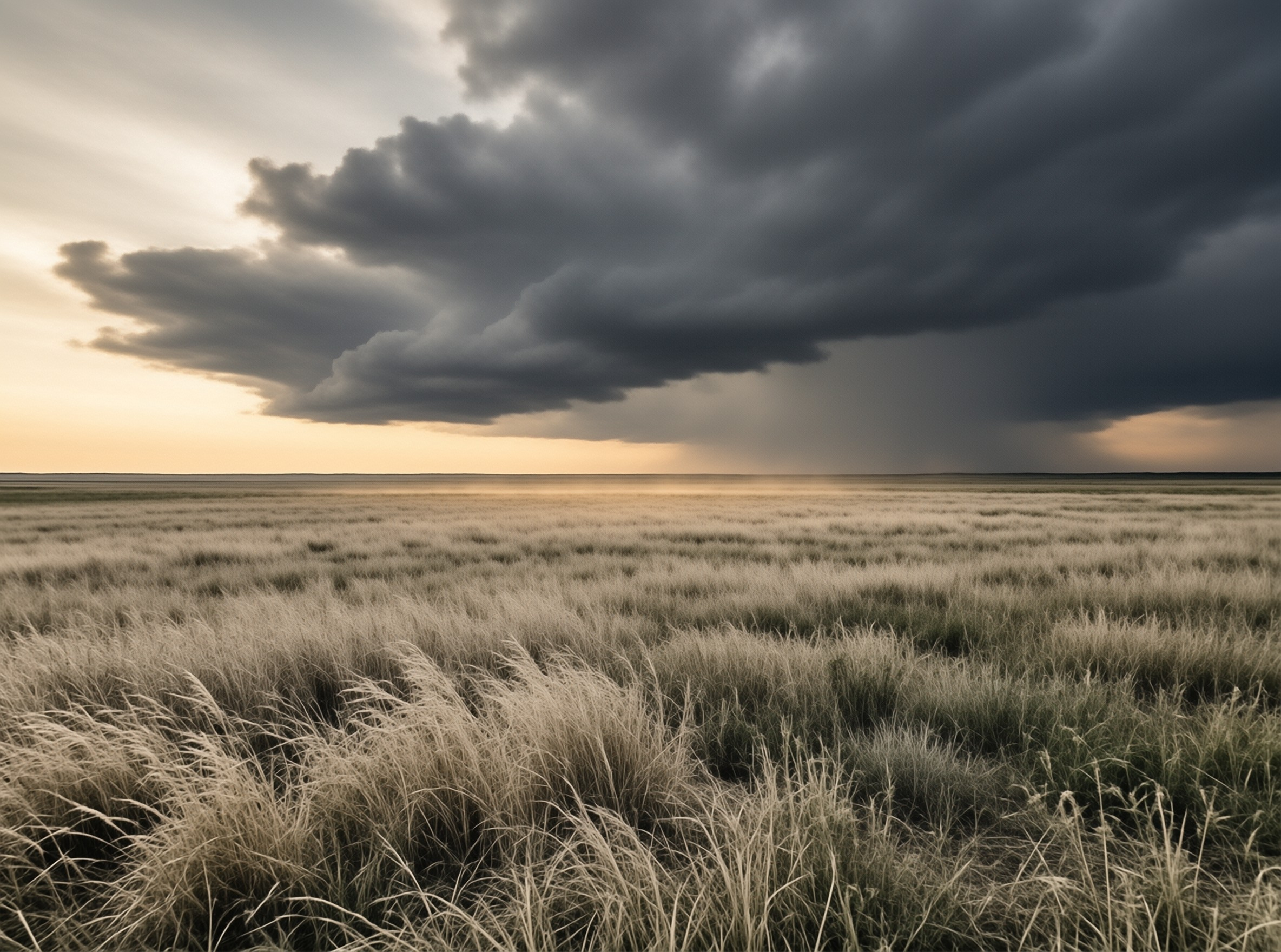 Wide dry grass extends to the horizon beneath heavy dark clouds and golden horizon light.