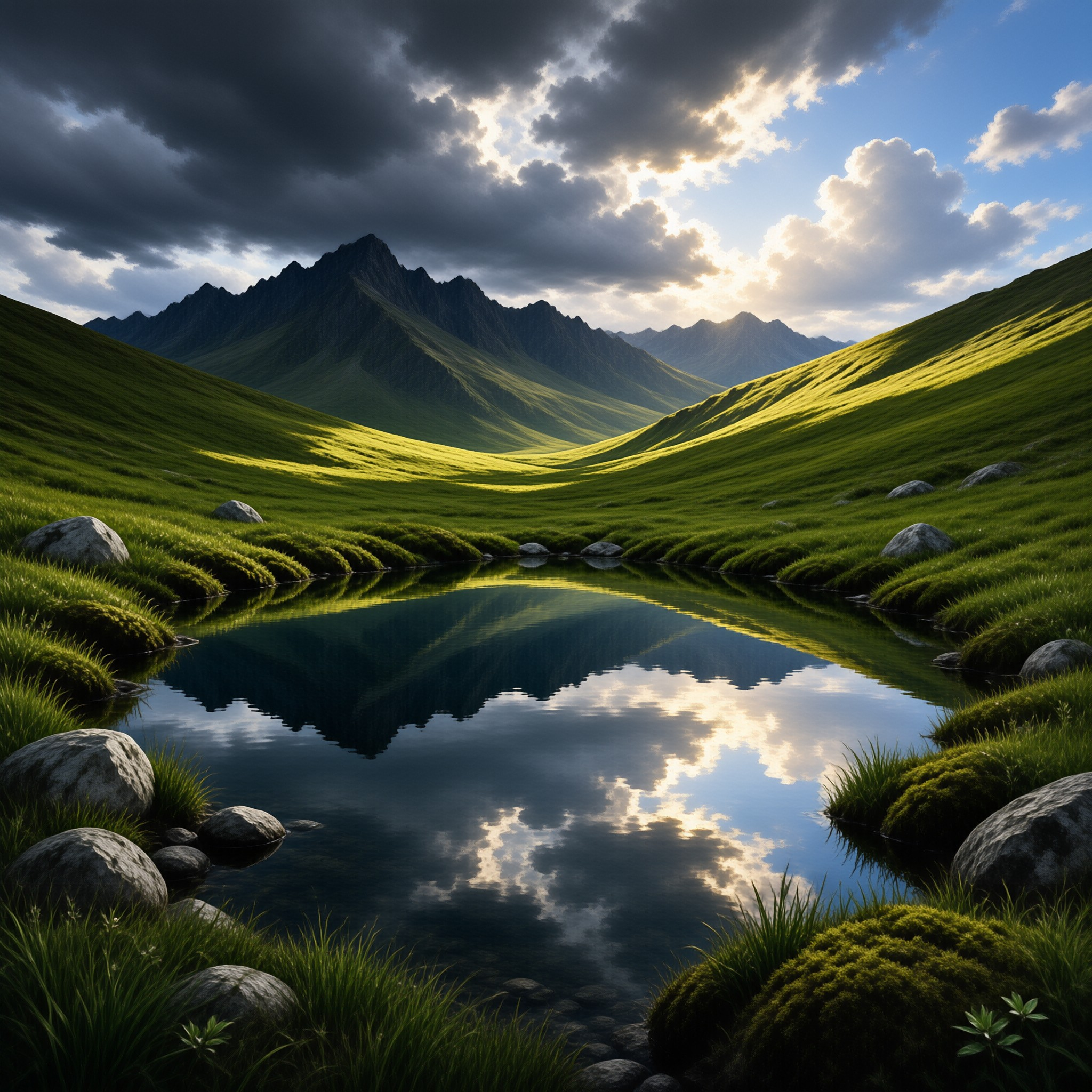 A still mountain pool mirrors jagged peaks and sunlit clouds, ringed by vivid green slopes under a brooding sky.