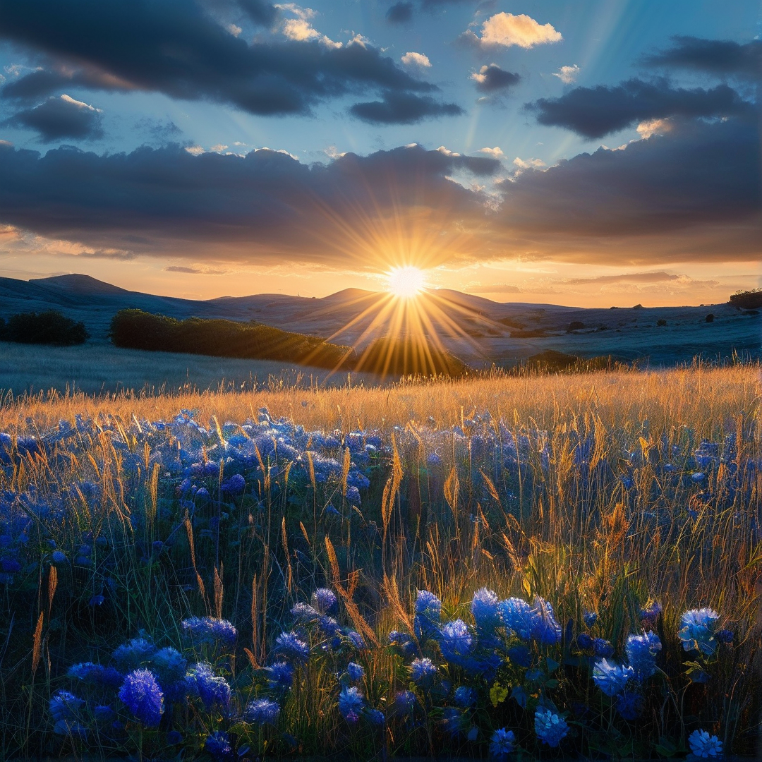Sunset Over Blue Flower Field