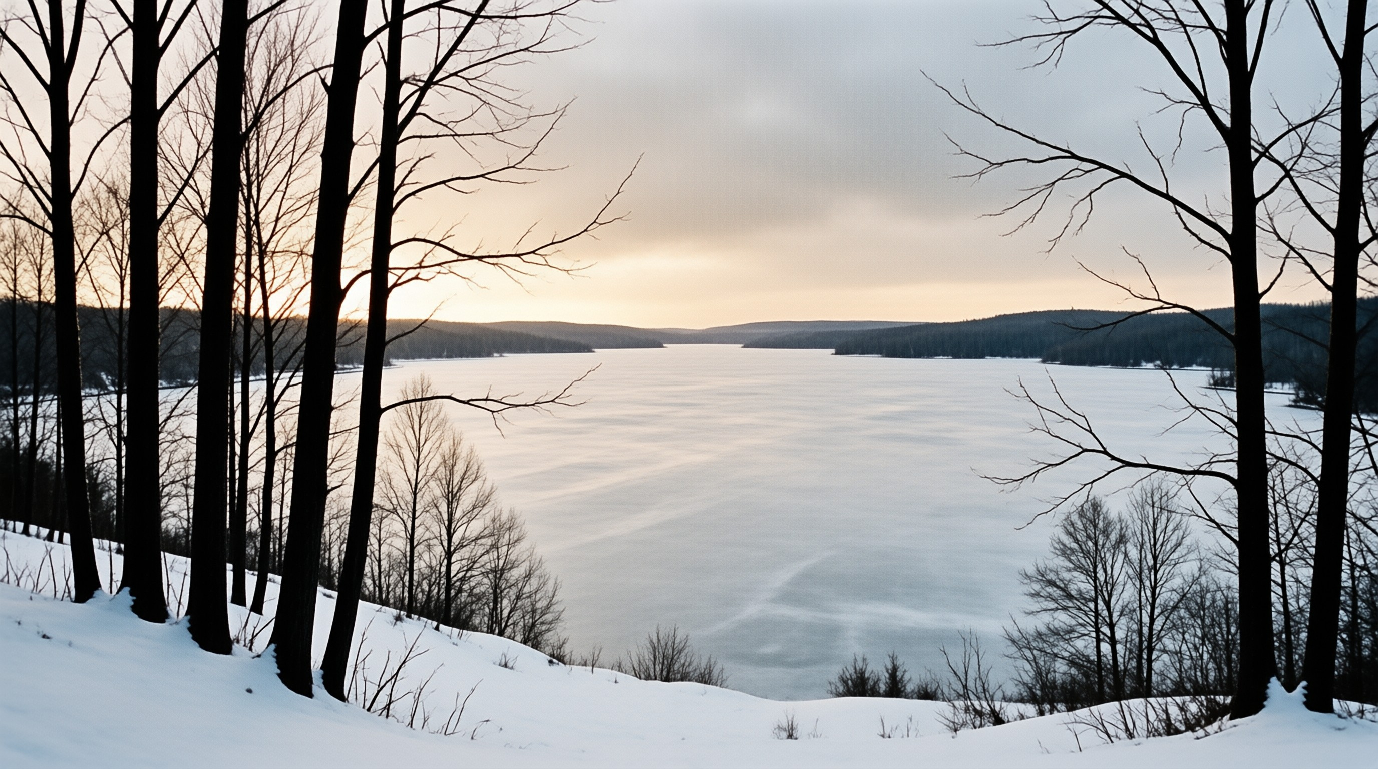 Bare trees frame a frozen lake covered in snow under a pale sky at dawn, with distant forested hills on the horizon.