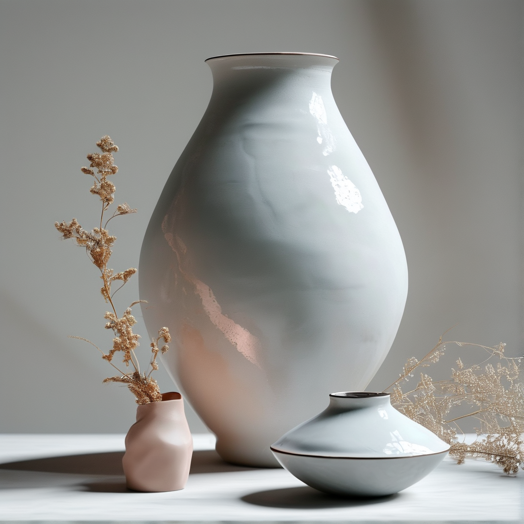 Glossy ceramic vases of different sizes sit on a white surface with dried beige sprigs in soft diffused light.