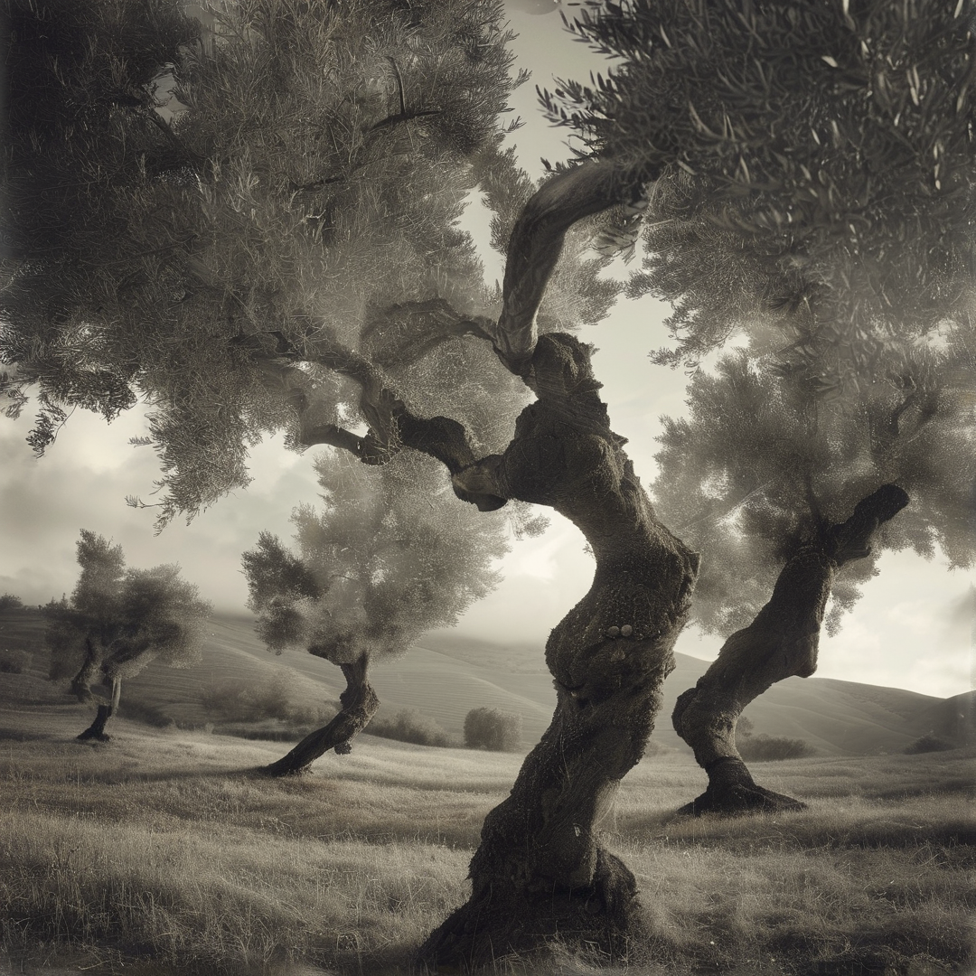 Sepia toned photo of gnarled trees on a grassy hill with rolling mountains and a cloudy sky in the background.