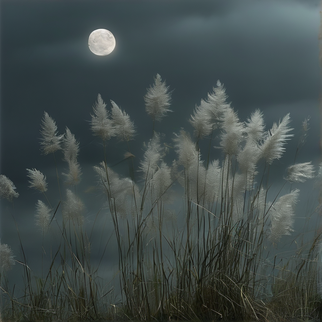 Tall white pampas grass stands against a dark cloudy sky with a bright full moon visible above.