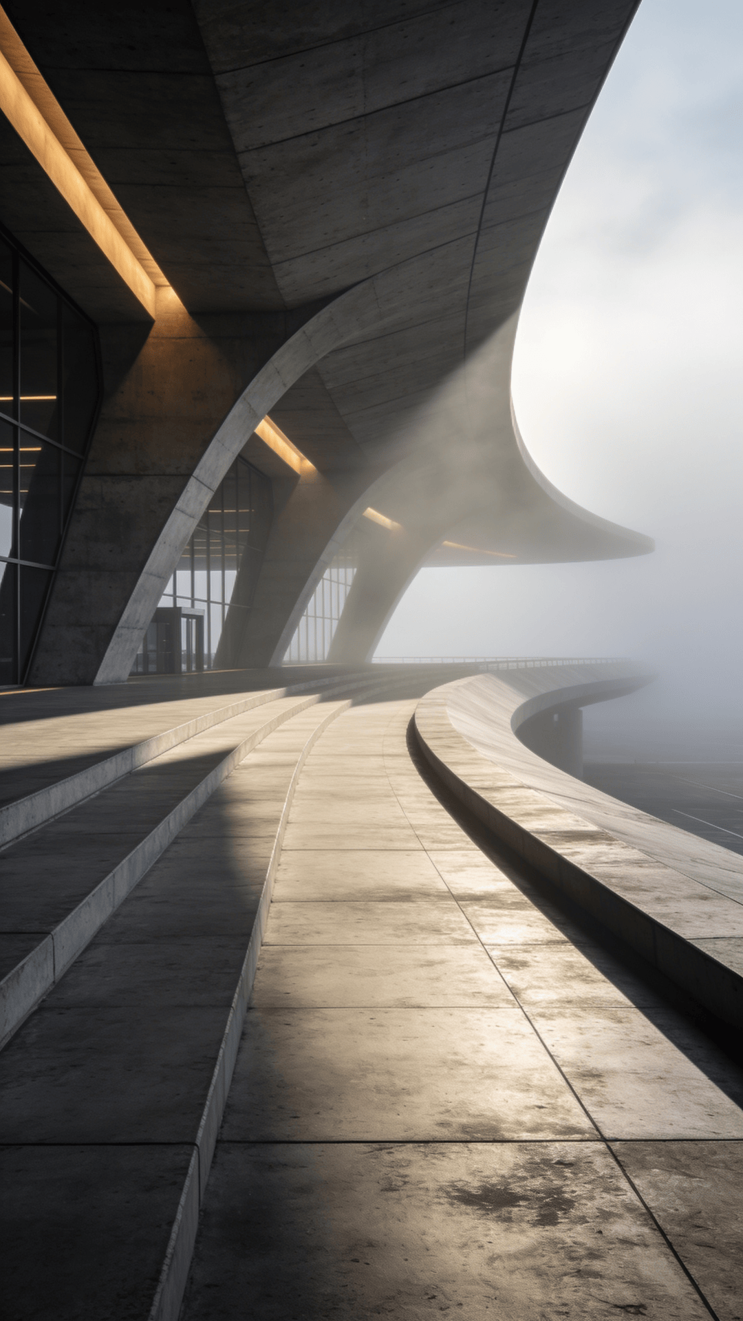 Terminal with Curved Concrete — Foggy Morning