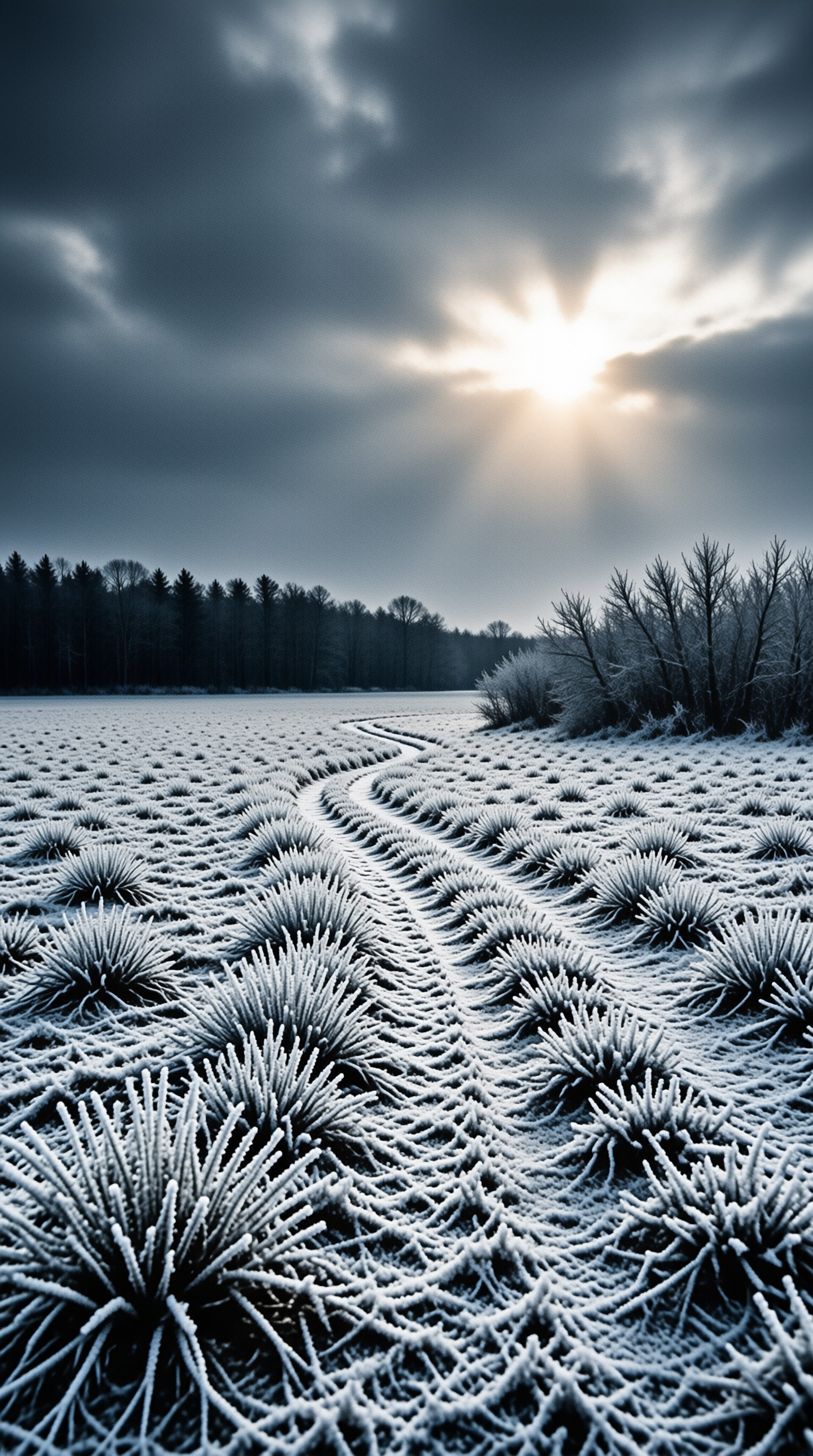Rows of spiky frost-covered grass line a winding trail toward bare trees beneath a sunlit stormy sky