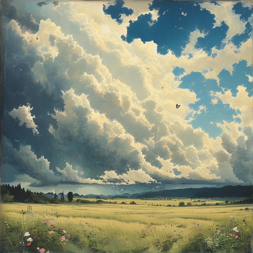 A painting of enormous sunlit clouds hovering over a vibrant meadow dotted with colorful wildflowers and distant hills.