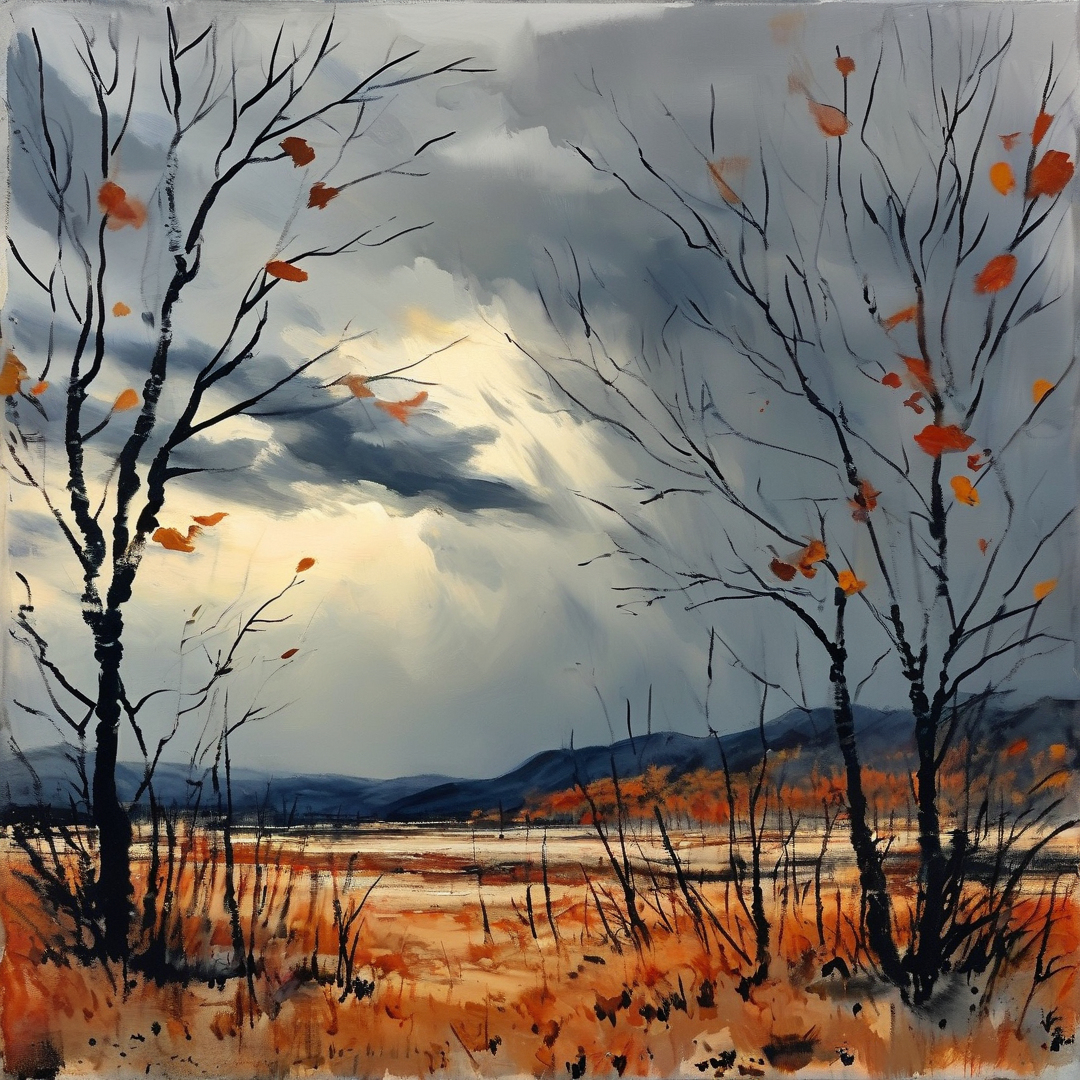 Autumnal landscape painting featuring bare birch trees against a stormy sky with rays of light breaking through