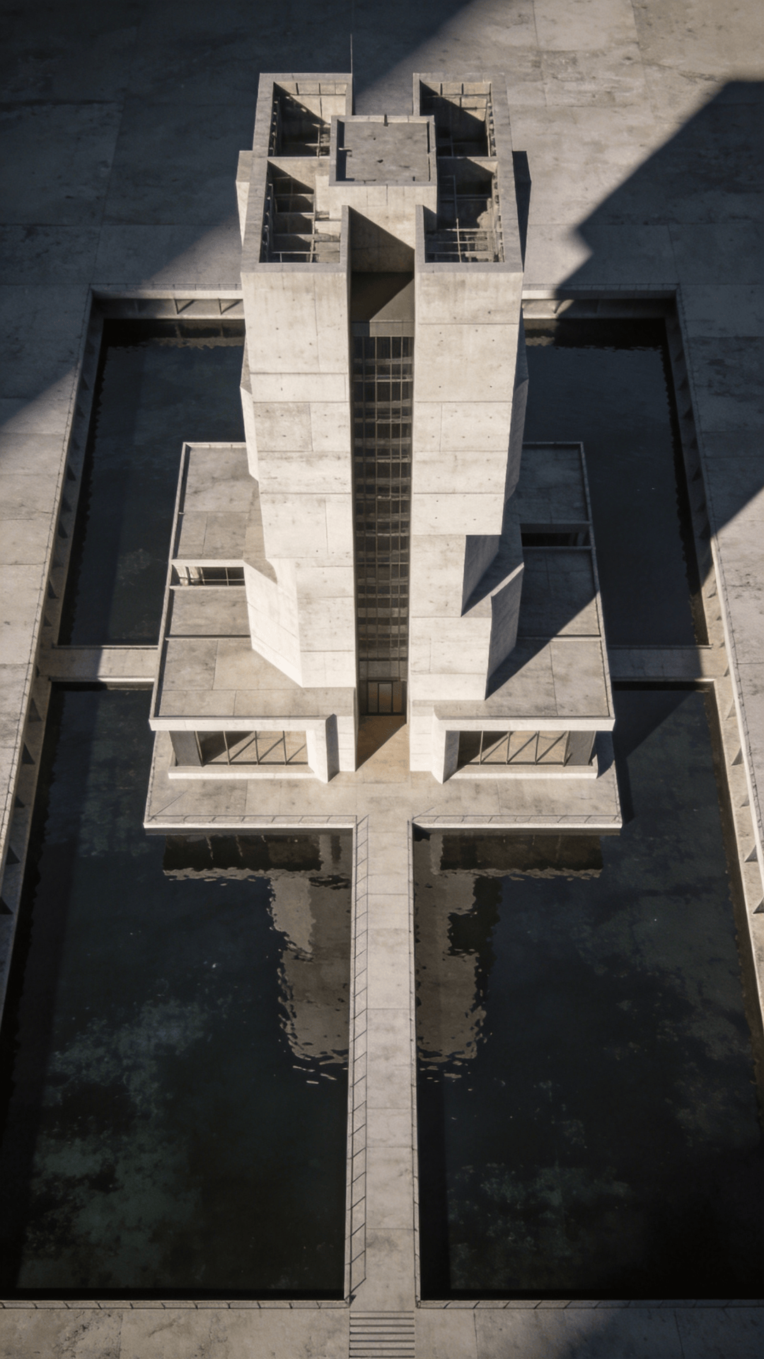 Tower with Brutalist Massing — Reflecting Pool