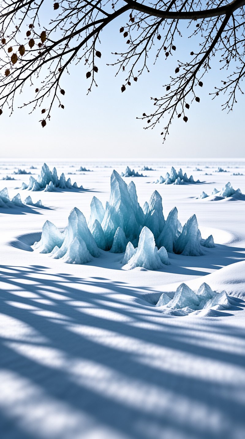 Sharp blue crystalline structures stand on a frozen ground while dark branches frame the upper view.