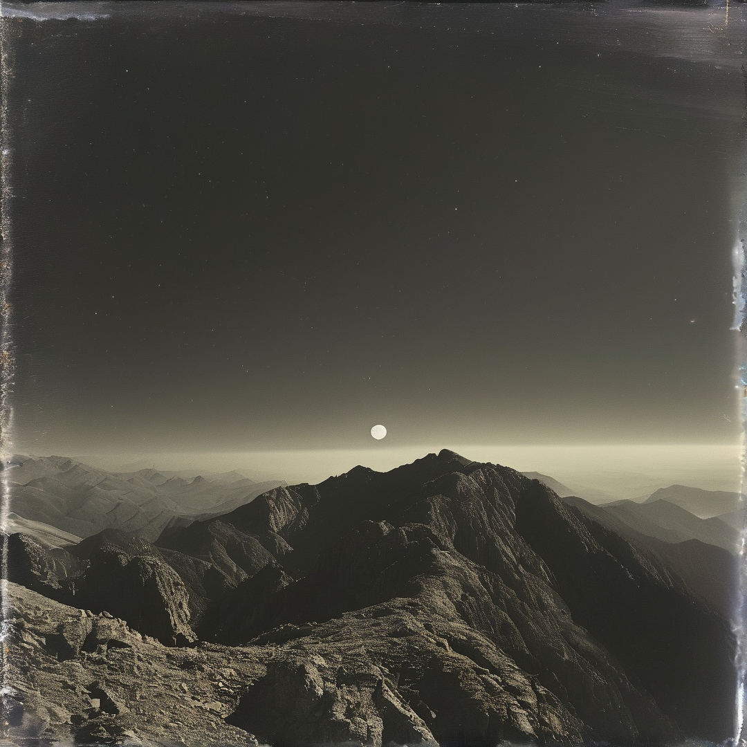 A rugged mountain range stretches across the landscape while a full moon hangs in the darkening sky above the horizon.