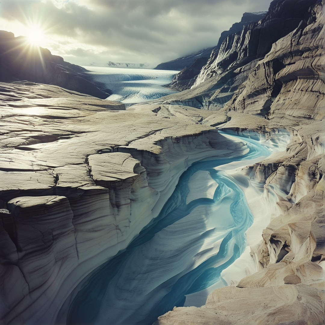 A glacier canyon with a vivid blue river winding between eroded rock walls and sunlight breaking through clouds above.
