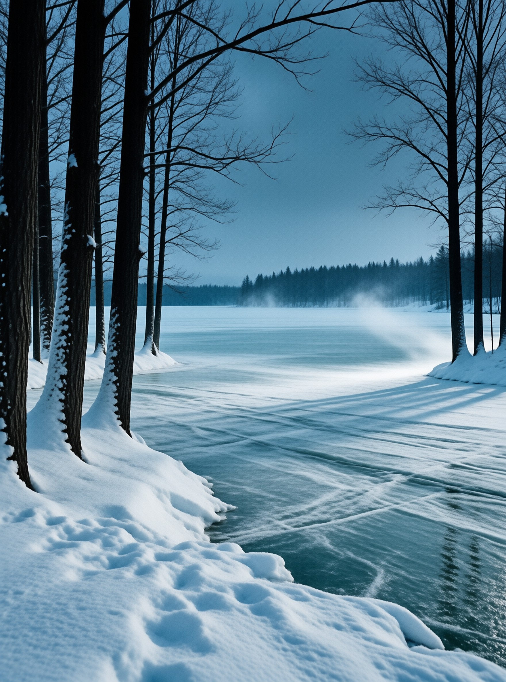 Bare dark trunks frame a snow covered frozen lake with blowing mist under cold steel blue winter light