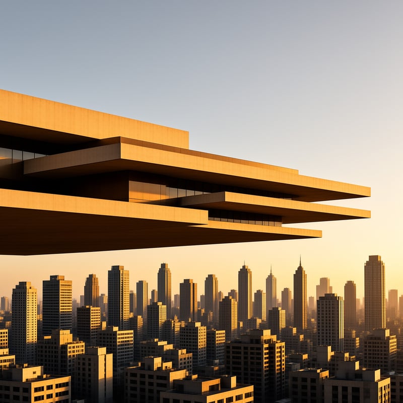 A layered concrete cantilever structure dominates the foreground against a dense cityscape of tall towers bathed in warm sunlight with a clear gradient sky transitioning from blue to golden orange.