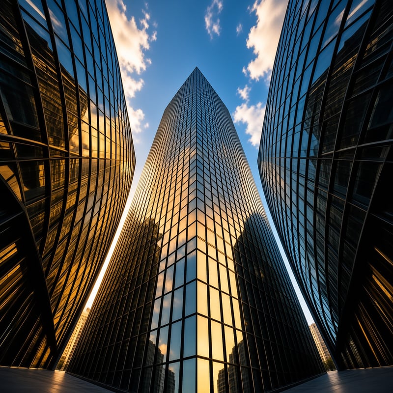Three glass skyscrapers reflect the warm hues of a sunset sky amidst scattered white clouds.