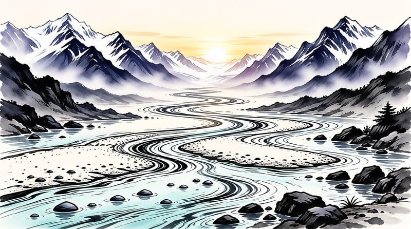 A stylized landscape shows a winding river flowing between rocky shores and distant snow-covered peaks under a bright sky.