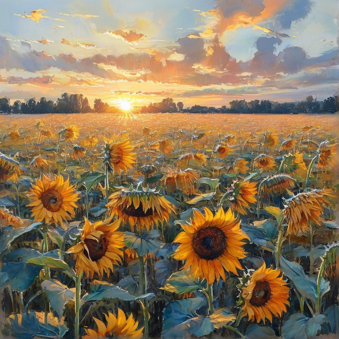 A painted landscape featuring numerous yellow flowers facing a bright sun low on the horizon beneath colorful clouds.