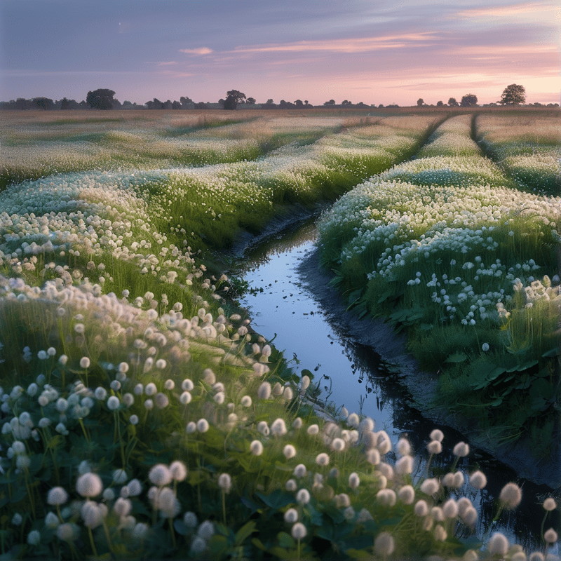 A winding stream cuts through rolling hills of white cotton grass under a soft pink and blue twilight sky.