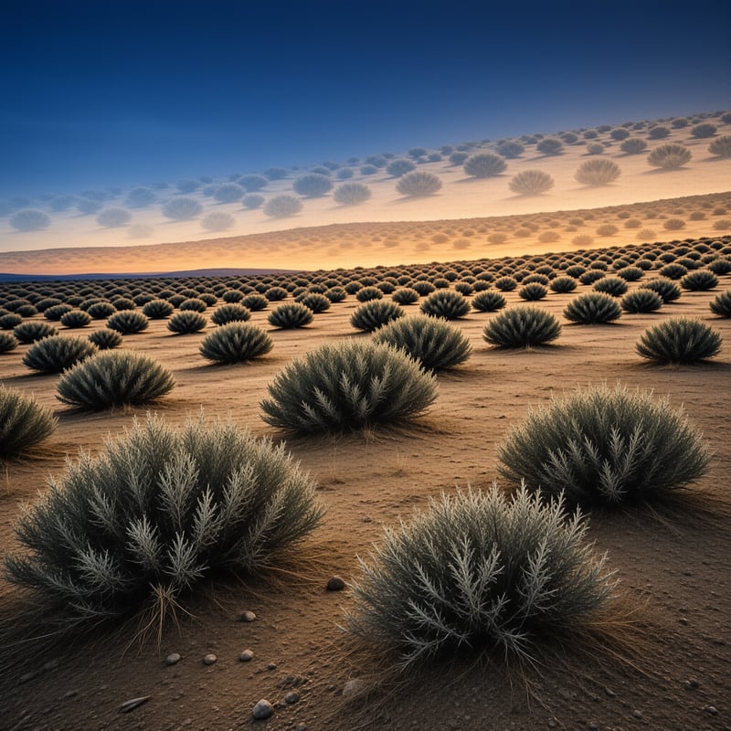 Many sagebrush bushes grow across a sandy desert floor under a deep blue sky with a warm glow near the horizon.