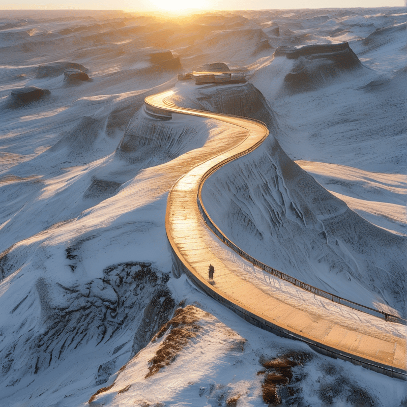 A long timber walkway snakes across frozen ridges toward a low sun, its rails throwing narrow shadows on the snow.