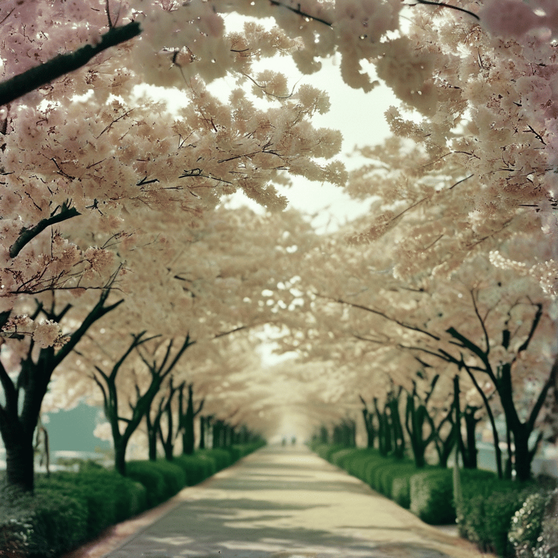 Rows of blooming cherry trees create a pink canopy over a straight walkway lined with green hedges.