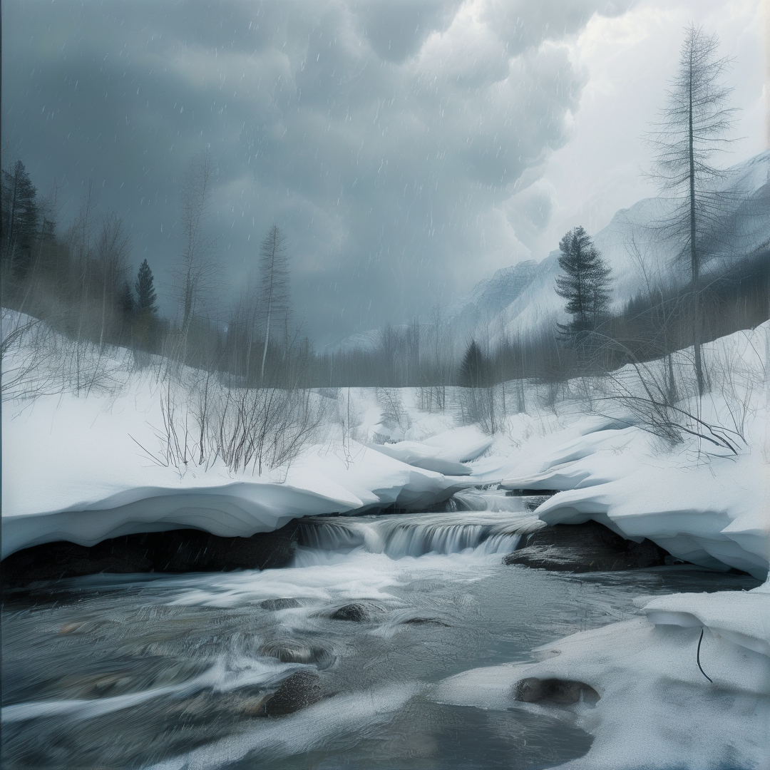 A flowing river cuts through deep snow banks and leafless trees under a cloudy winter sky.