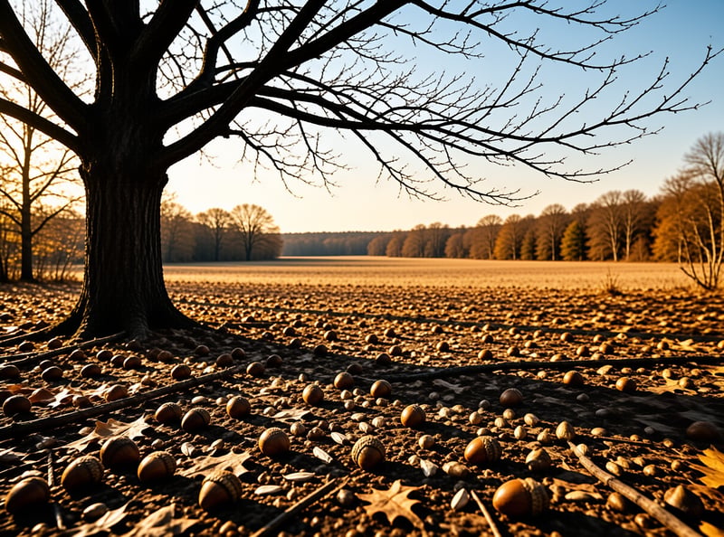 A bare oak spreads its branches over a field floor thick with fallen acorns and brown leaves in warm light.