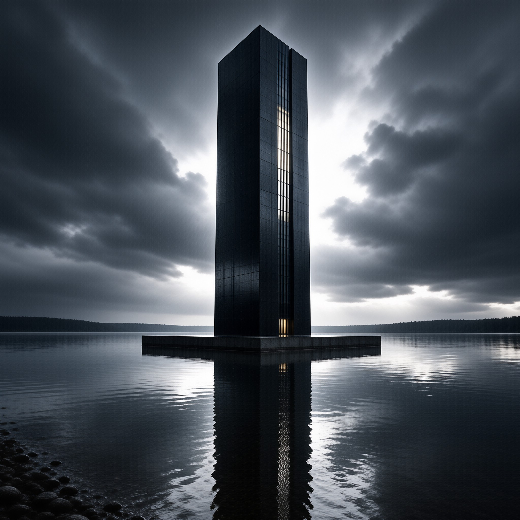 A dark rectangular monolith structure stands centered on calm lake water, its single vertical slit emitting warm light against heavy grey storm clouds.