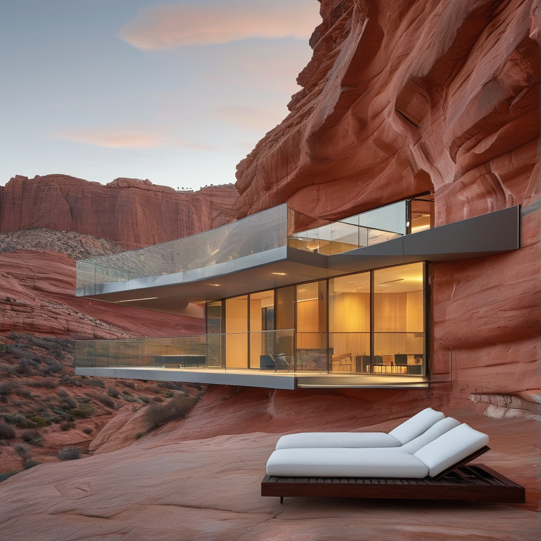 Residence with vast glass walls extends from red rock cliffs as warm indoor lighting contrasts with fading sunset hues.