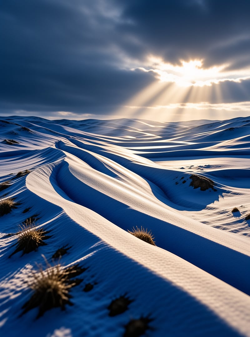 Rolling white desert dunes are bathed in golden light rays piercing through dark storm clouds at dusk.