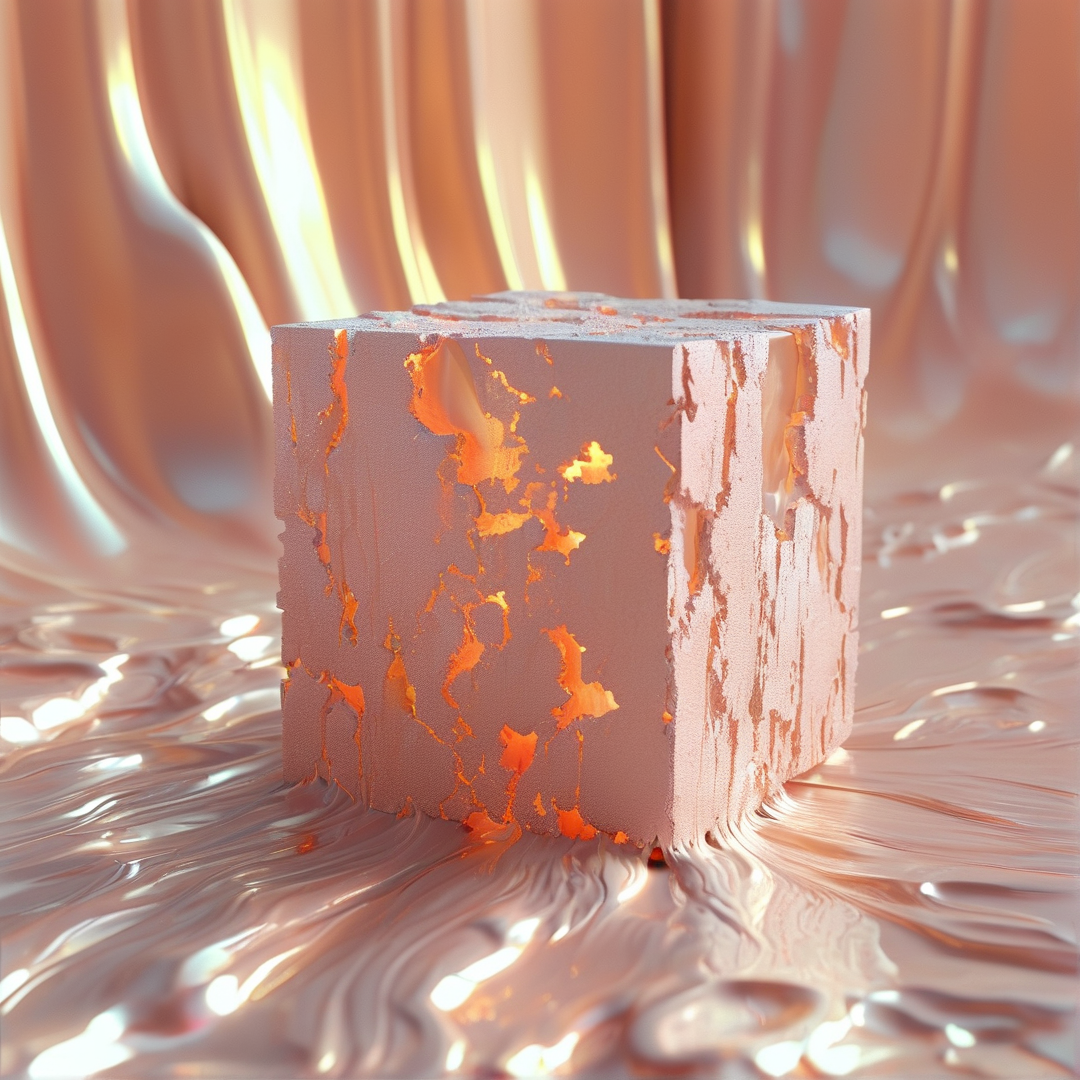 A textured cubic block sits atop a wavy reflective surface bathed in warm peach tones.