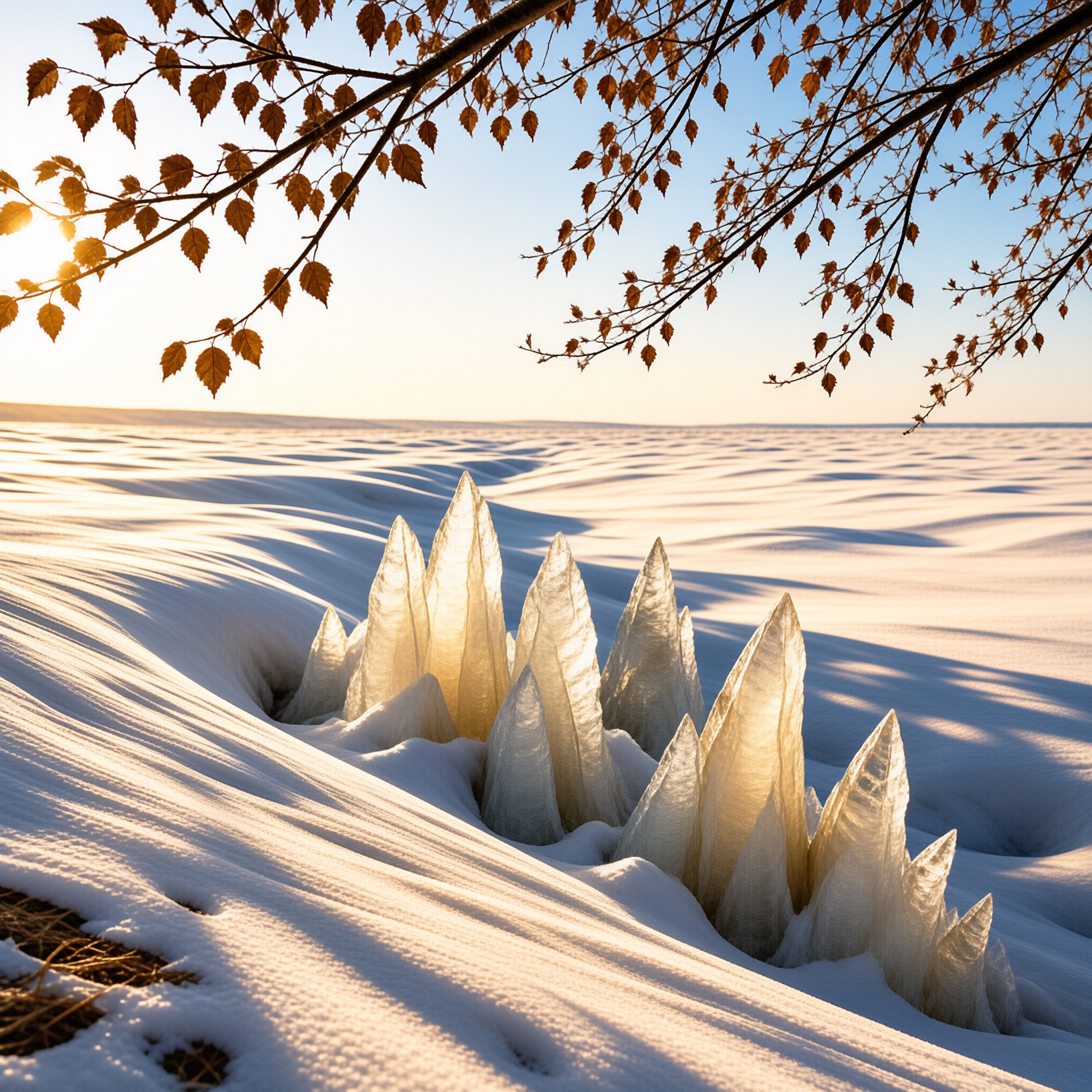 Transparent ice needles rise from a snowy field framed by autumn branches bathed in warm golden sunlight.