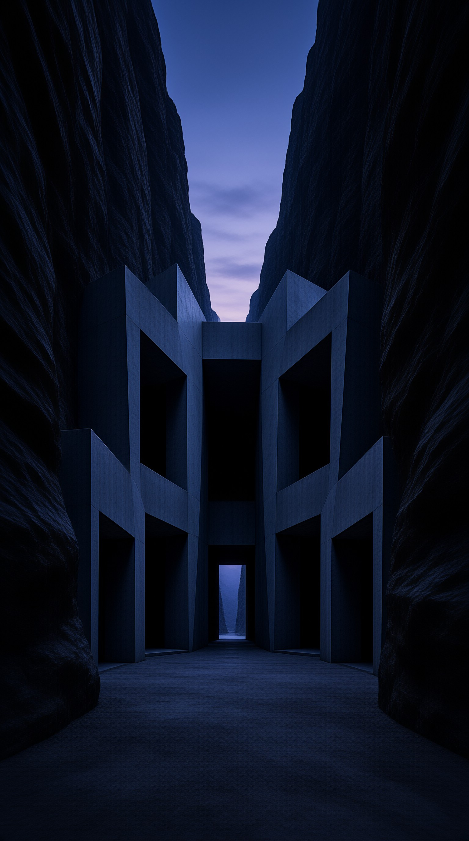 A massive geometric stone structure resembling a gate stands between towering dark cliffs under a twilight sky.