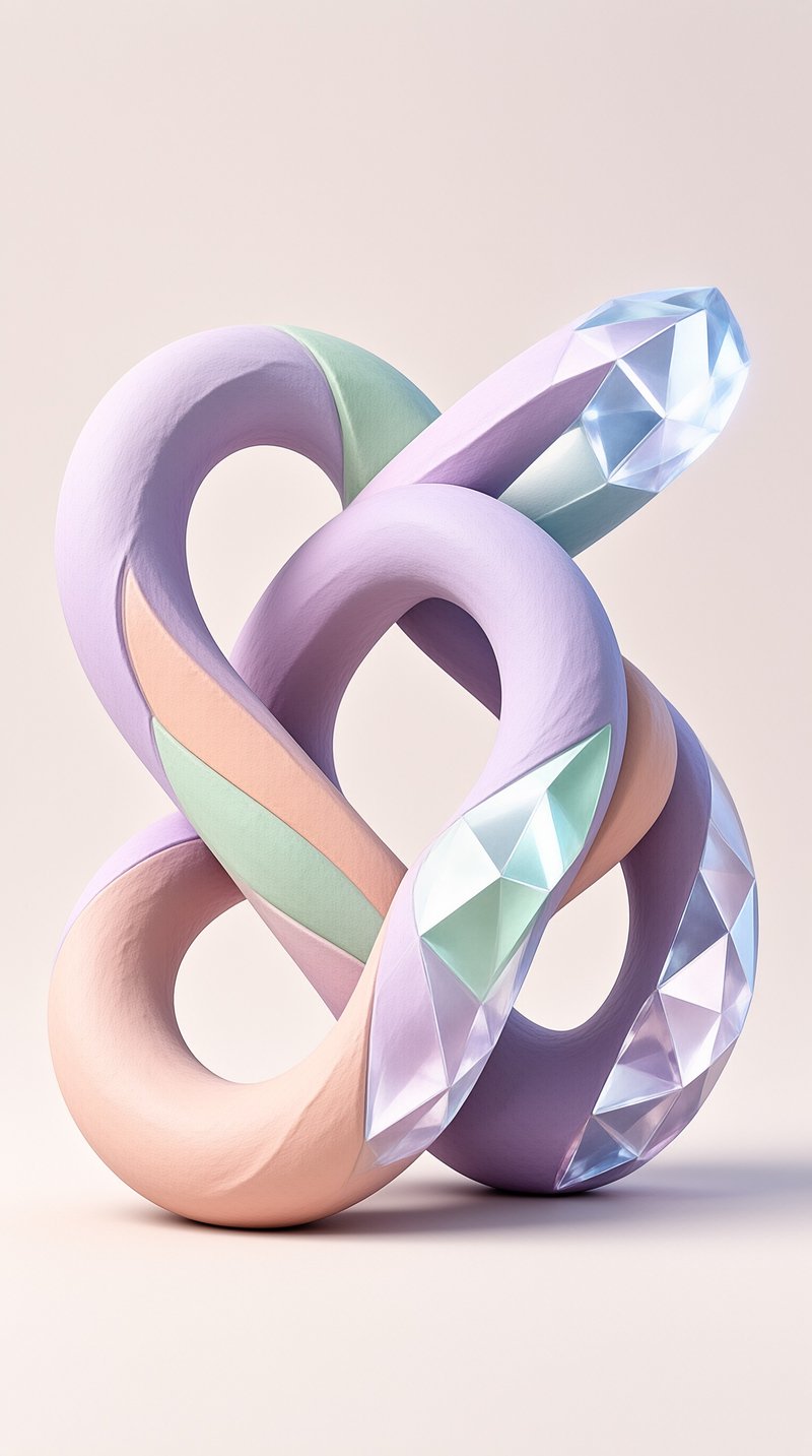 Smooth pastel knot interwoven with faceted crystal sections set against a neutral beige studio background.